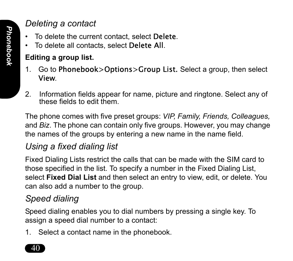Select a contact name in the phonebook, Deleting a contact, Using a fixed dialing list | Speed dialing, 40 deleting a contact | Asus V55 User Manual | Page 40 / 102
