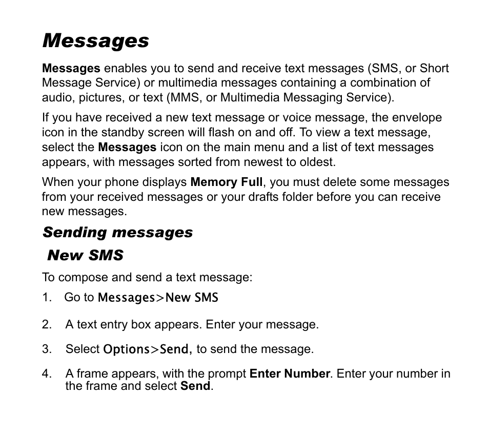 Messages, Sending messages, New sms | Go to messages>new sms, A text entry box appears. enter your message, Select options>send, to send the message | Asus V55 User Manual | Page 42 / 102