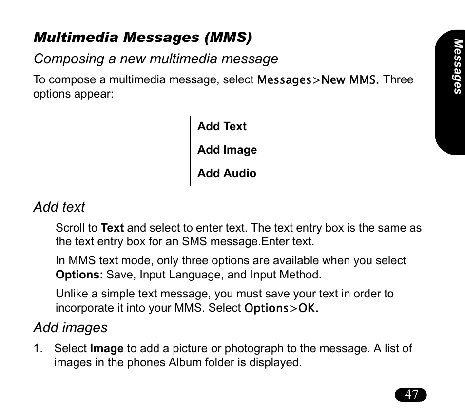 Multimedia messages (mms), Composing a new multimedia message, Add text | Add images | Asus V55 User Manual | Page 47 / 102