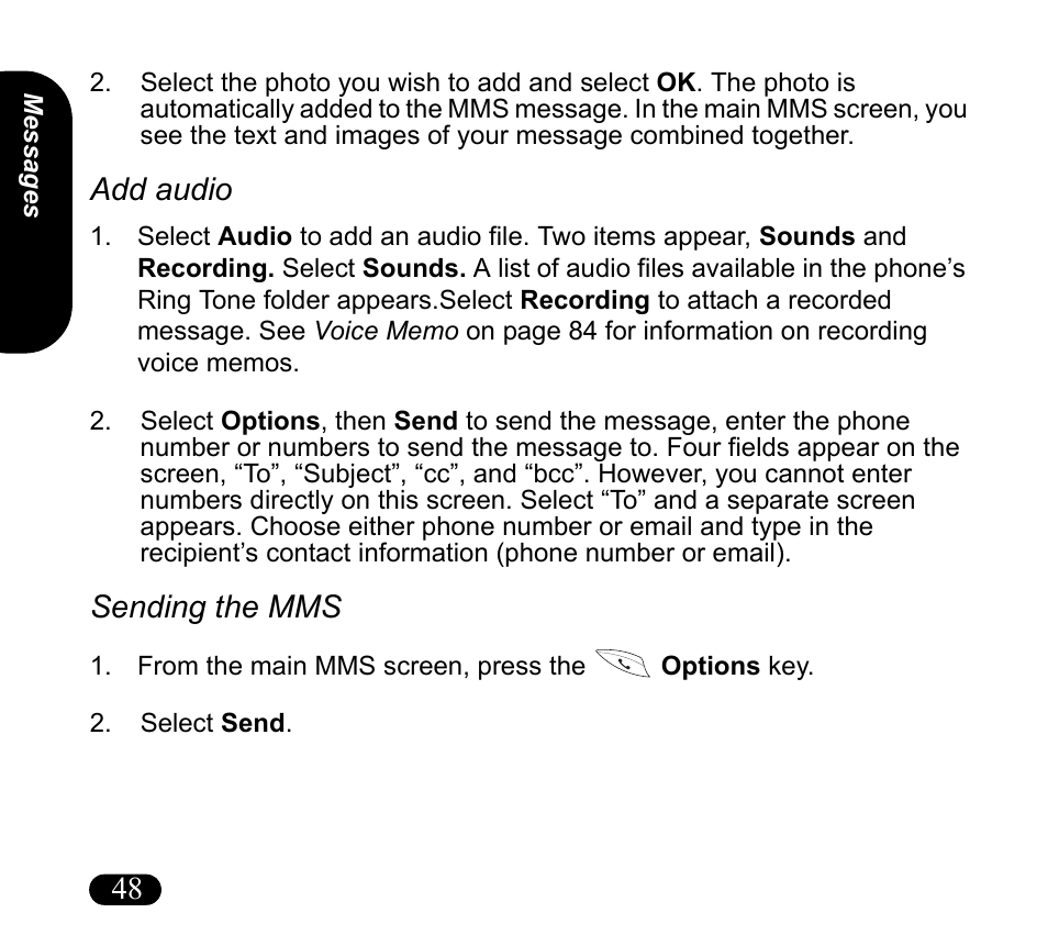 From the main mms screen, press the options key, Select send, Add audio | Sending the mms | Asus V55 User Manual | Page 48 / 102