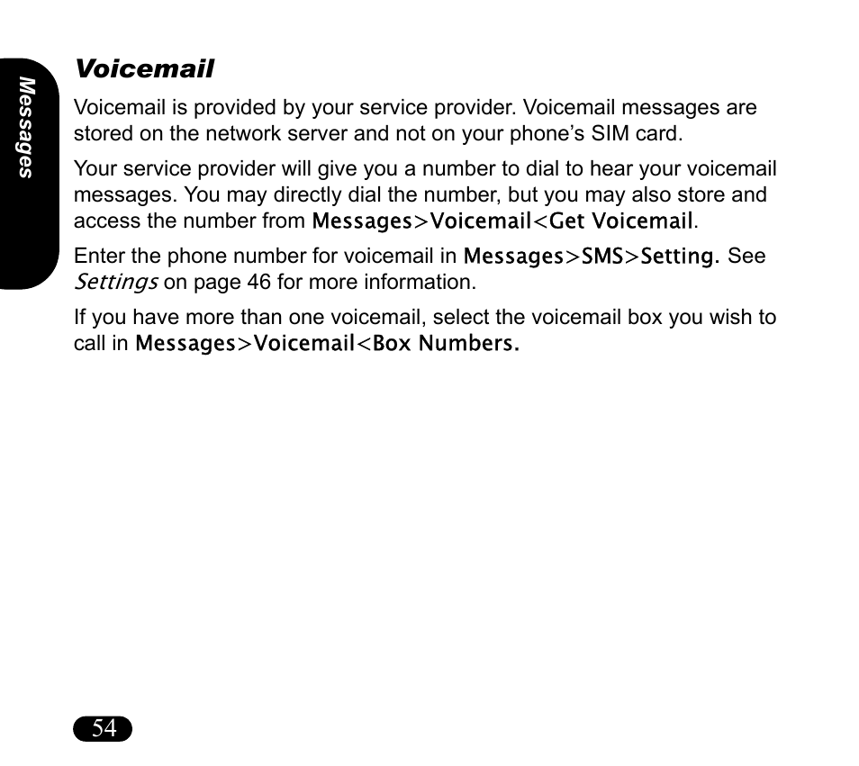 Voicemail, 54 voicemail | Asus V55 User Manual | Page 54 / 102