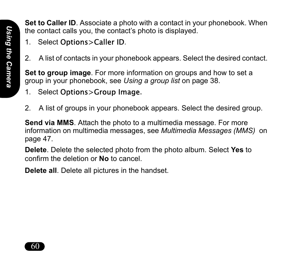 Select options>caller id, Select options>group image | Asus V55 User Manual | Page 60 / 102