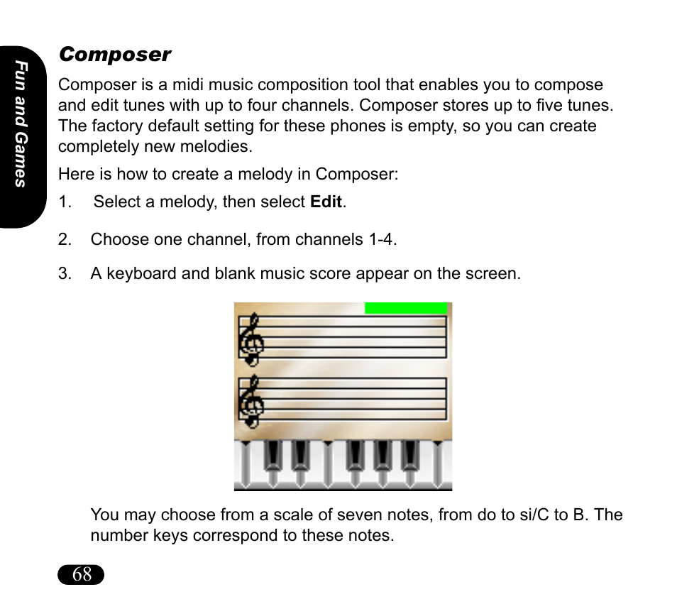 Composer, Select a melody, then select edit, Choose one channel, from channels 1-4 | 68 composer | Asus V55 User Manual | Page 68 / 102