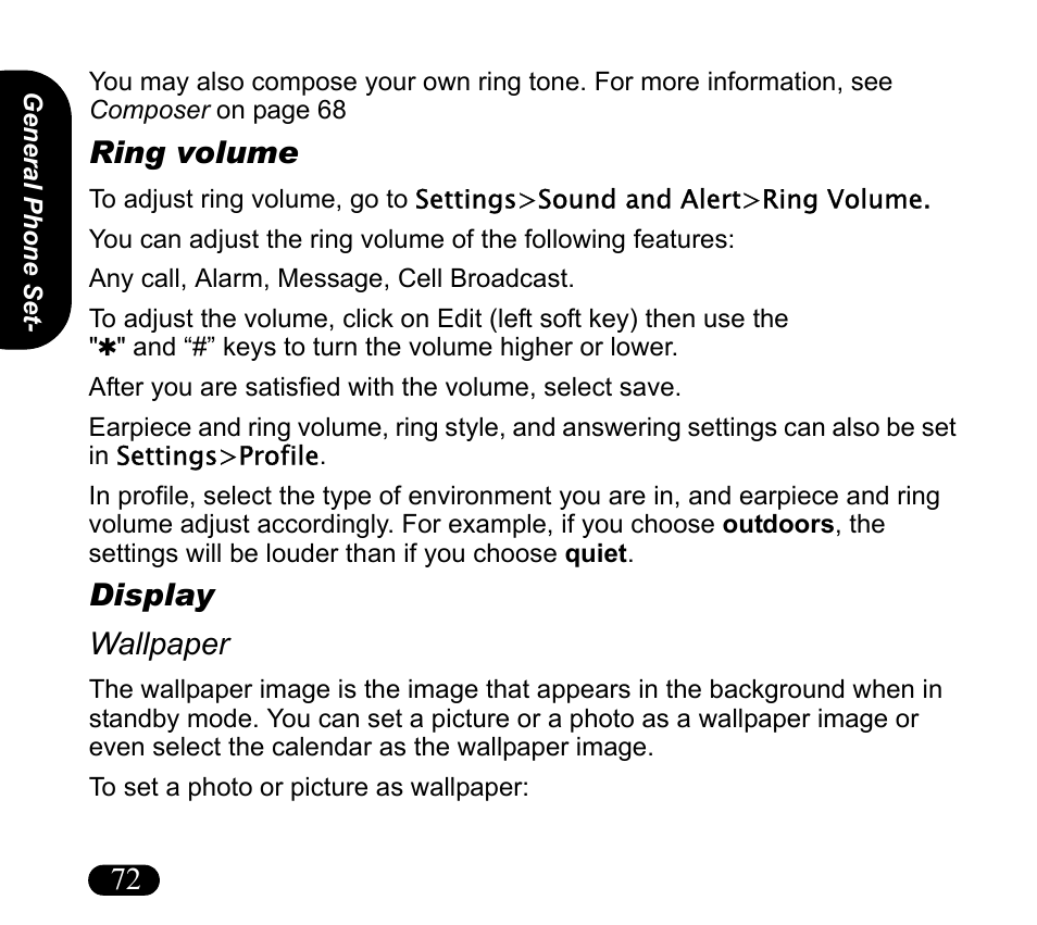 Ring volume, Display, Wallpaper | Display wallpaper | Asus V55 User Manual | Page 72 / 102