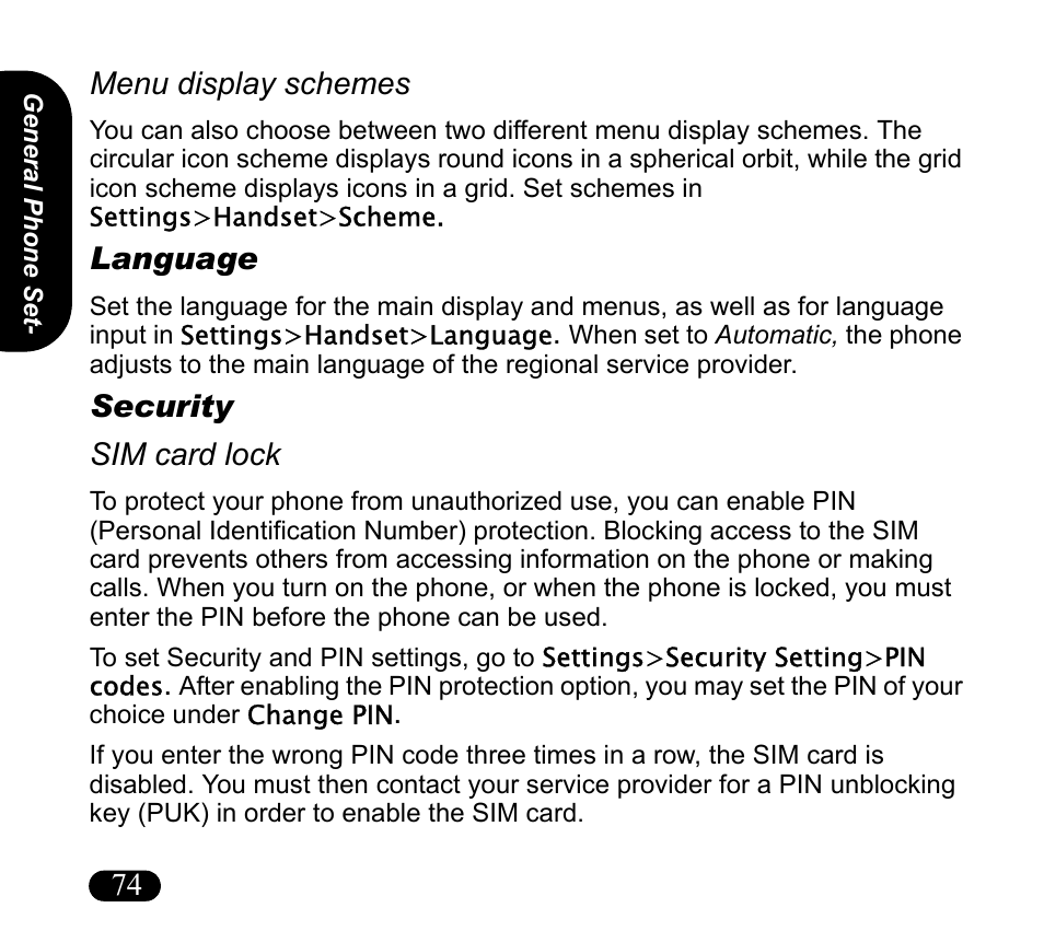 Language, Security, Menu display schemes | Sim card lock, 74 menu display schemes, Security sim card lock | Asus V55 User Manual | Page 74 / 102