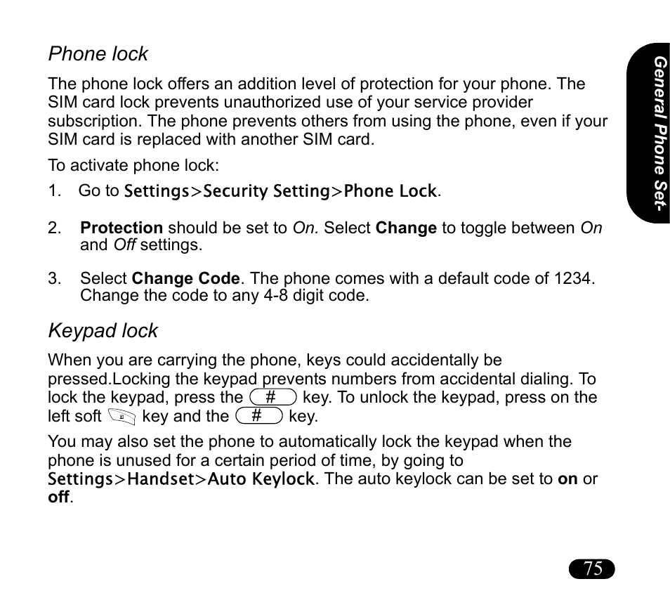 Go to settings>security setting>phone lock, Phone lock, Keypad lock | 75 phone lock | Asus V55 User Manual | Page 75 / 102