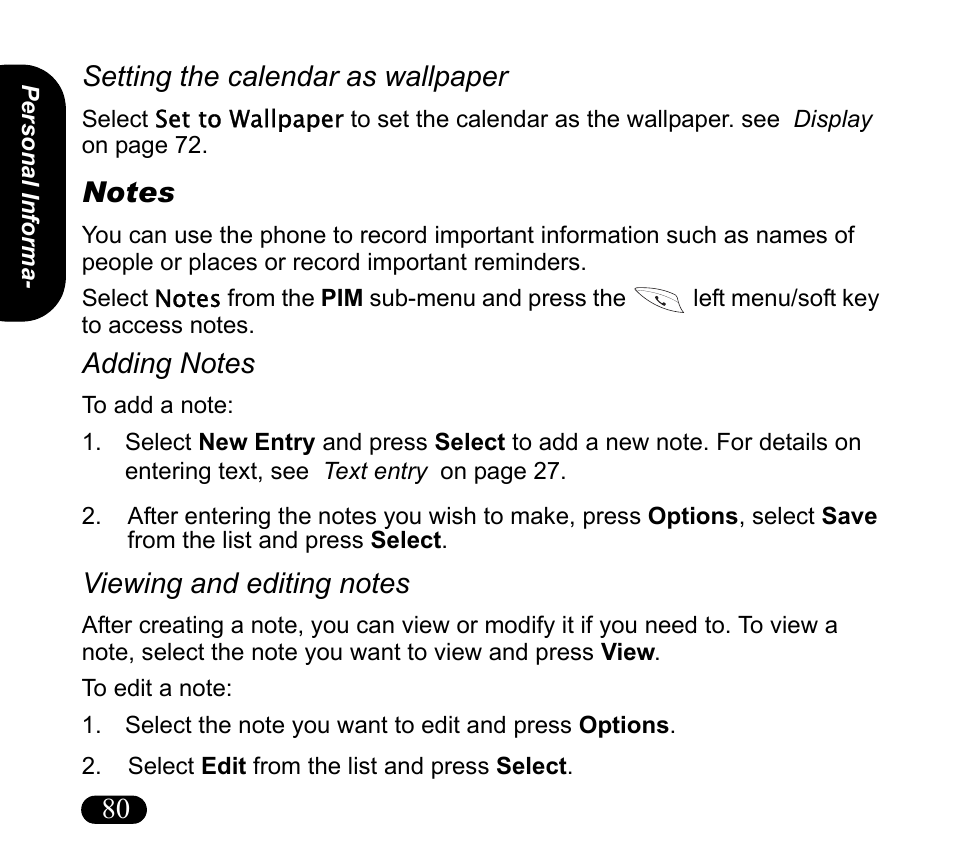 Notes, Select the note you want to edit and press options, Select edit from the list and press select | Setting the calendar as wallpaper, Adding notes, Viewing and editing notes, 80 setting the calendar as wallpaper | Asus V55 User Manual | Page 80 / 102