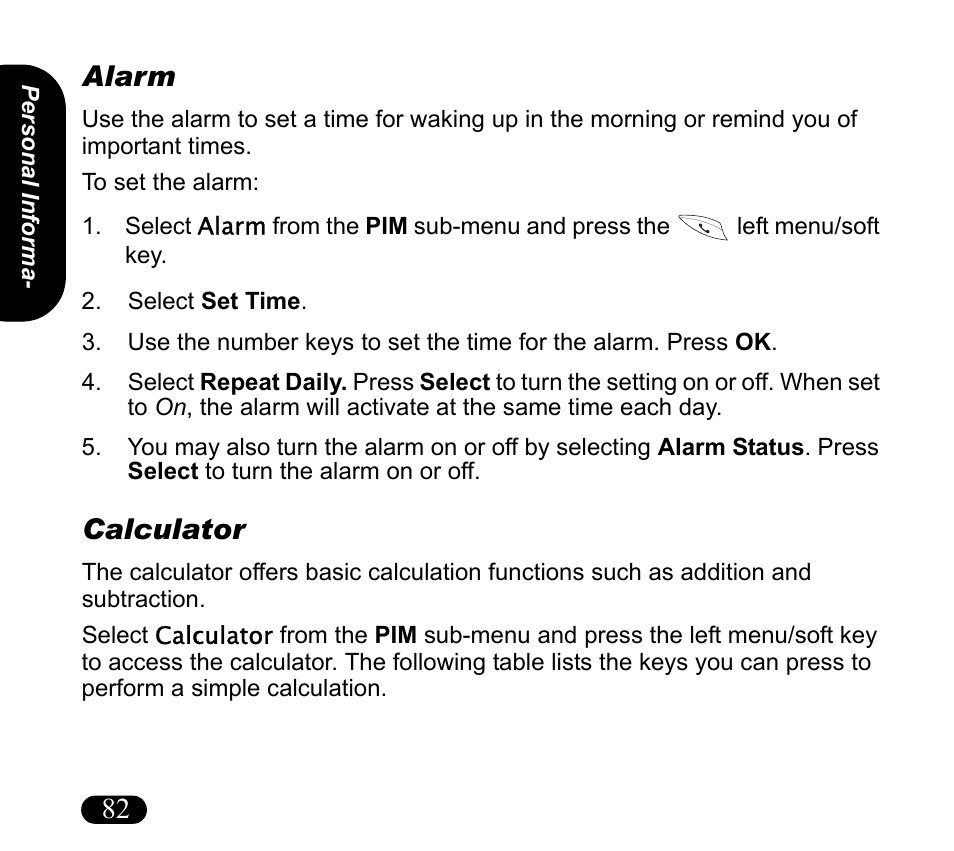 Alarm, Select set time, Calculator | 82 alarm | Asus V55 User Manual | Page 82 / 102