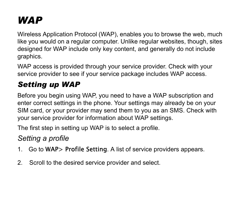 Setting up wap, Scroll to the desired service provider and select, Setting a profile | Asus V55 User Manual | Page 93 / 102