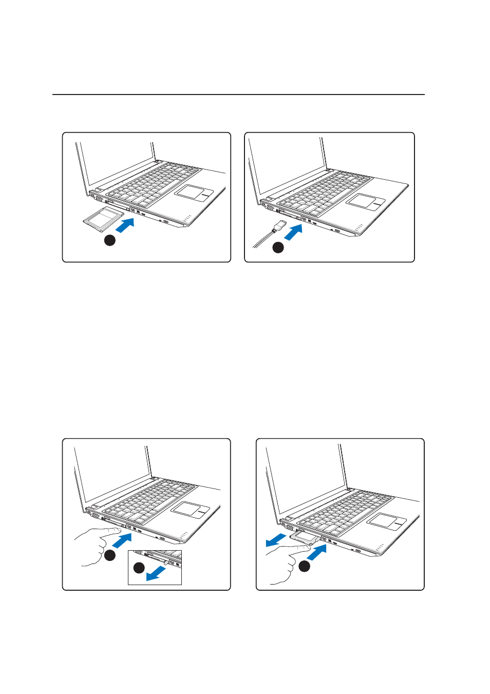 Inserting a pc card (pcmcia), Removing a pc card (pcmcia) | Asus E1796 User Manual | Page 44 / 74