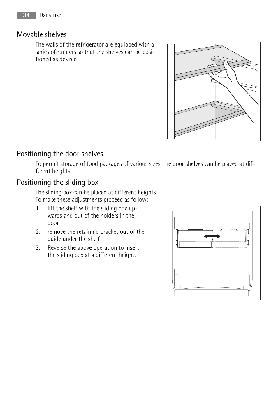 Movable shelves, Positioning the door shelves, Positioning the sliding box | AEG SCS81800F0 User Manual | Page 34 / 100