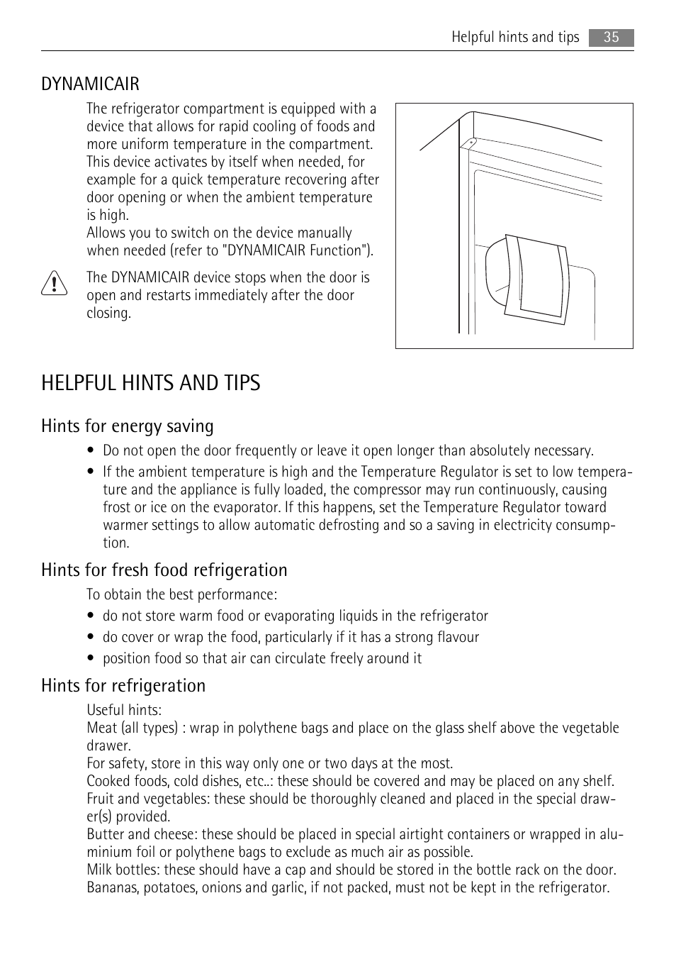 Helpful hints and tips, Dynamicair, Hints for energy saving | Hints for fresh food refrigeration, Hints for refrigeration | AEG SCS81800F0 User Manual | Page 35 / 100
