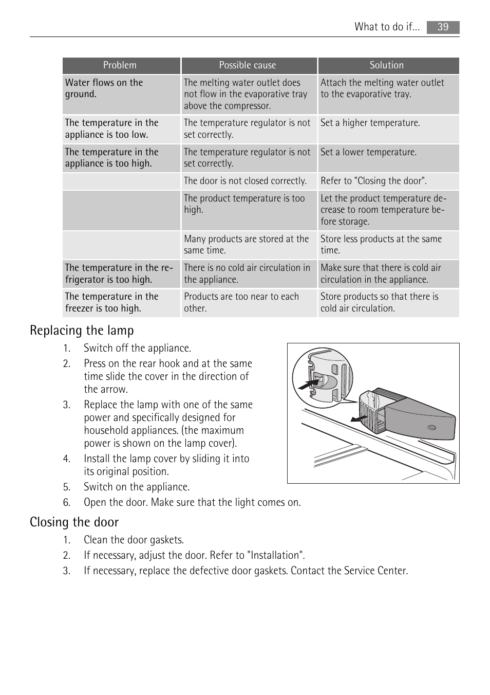 Replacing the lamp, Closing the door | AEG SCS81800F0 User Manual | Page 39 / 100