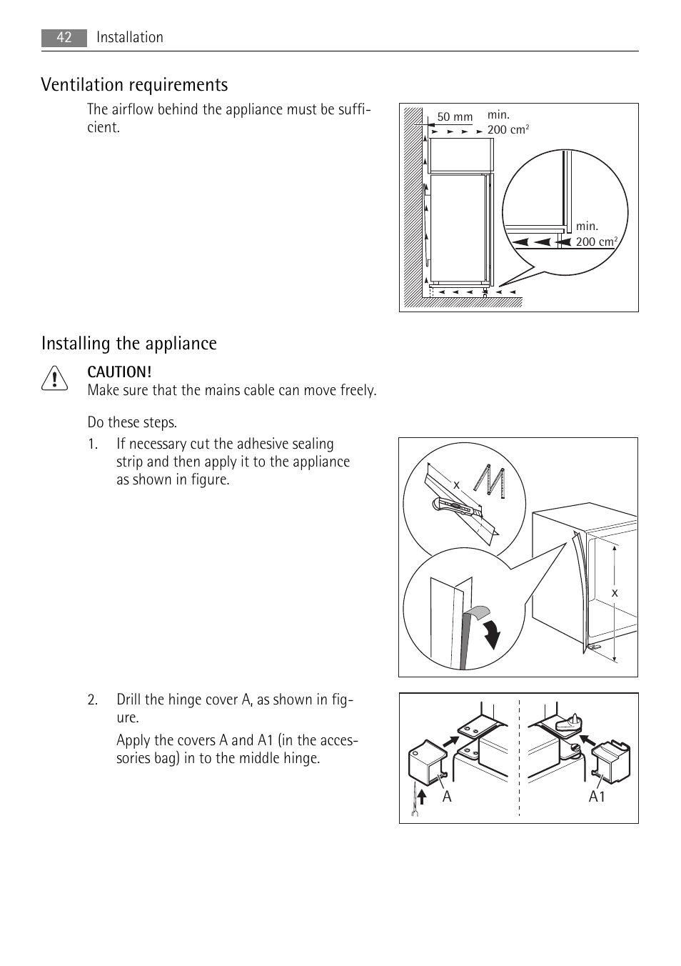 Ventilation requirements, Installing the appliance | AEG SCS81800F0 User Manual | Page 42 / 100