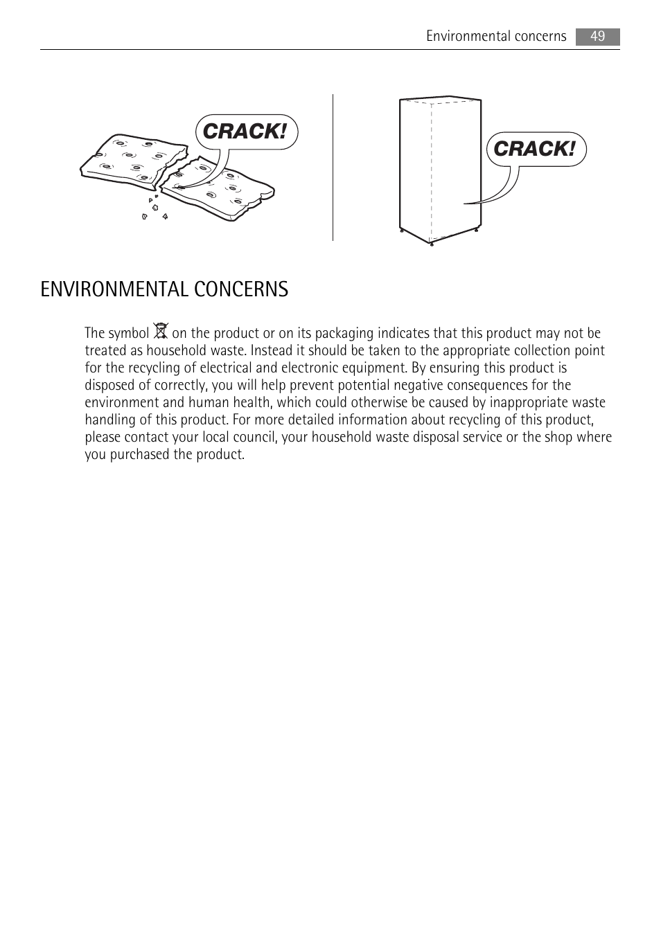 Environmental concerns, Crack | AEG SCS81800F0 User Manual | Page 49 / 100