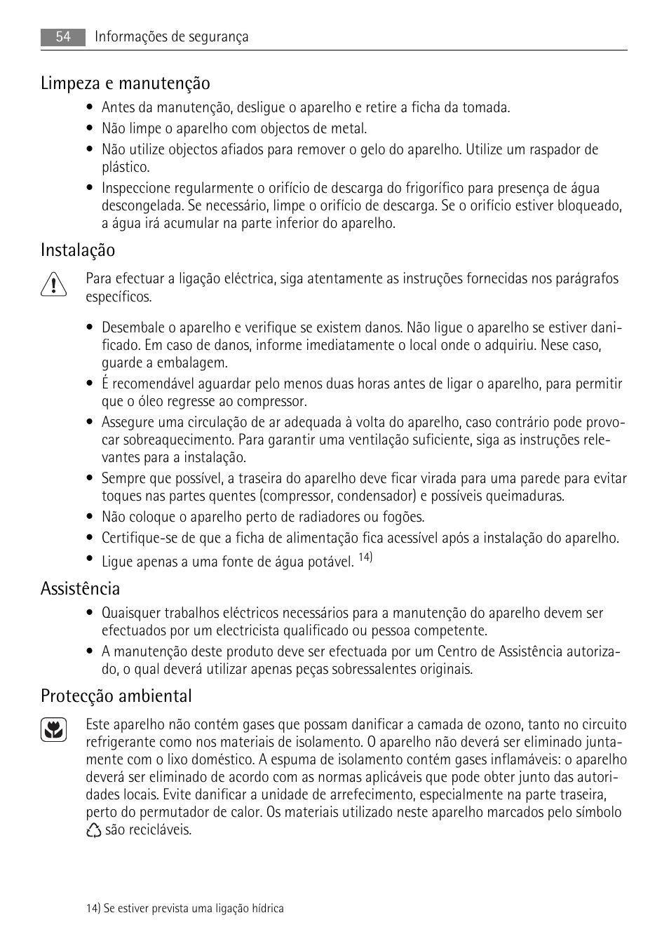 Limpeza e manutenção, Instalação, Assistência | Protecção ambiental | AEG SCS81800F0 User Manual | Page 54 / 100