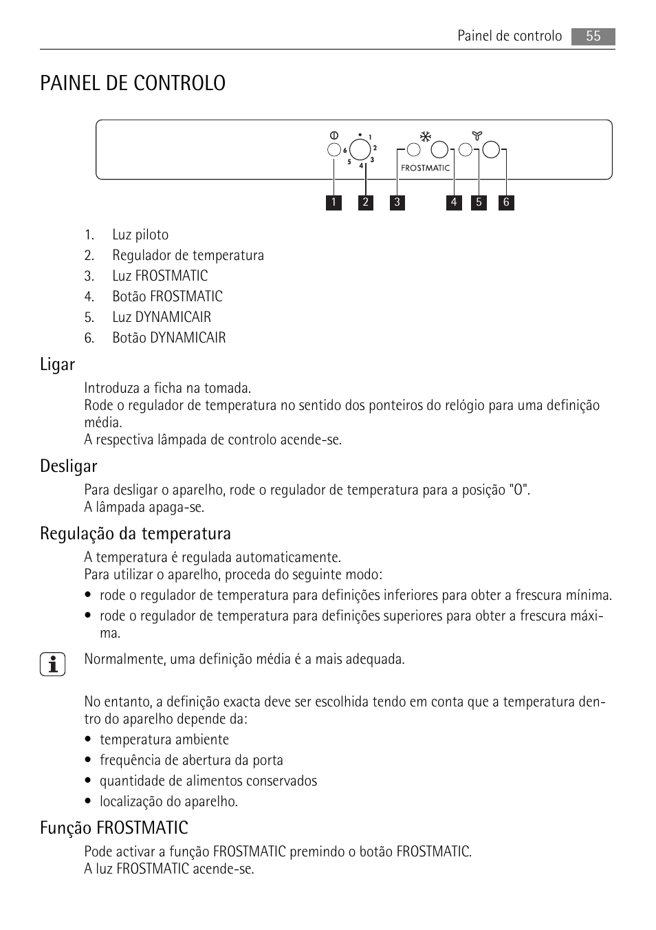 Painel de controlo, Ligar, Desligar | Regulação da temperatura, Função frostmatic | AEG SCS81800F0 User Manual | Page 55 / 100