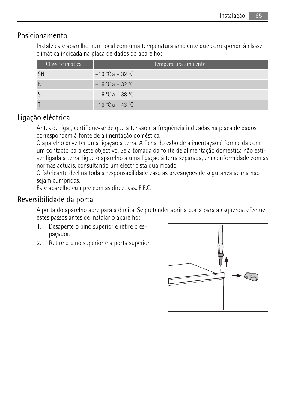 Posicionamento, Ligação eléctrica, Reversibilidade da porta | AEG SCS81800F0 User Manual | Page 65 / 100