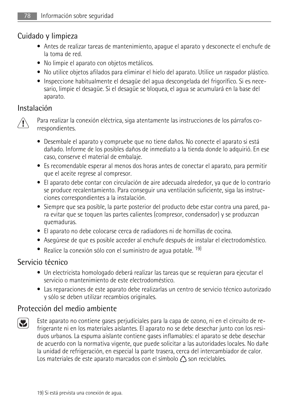 Cuidado y limpieza, Instalación, Servicio técnico | Protección del medio ambiente | AEG SCS81800F0 User Manual | Page 78 / 100