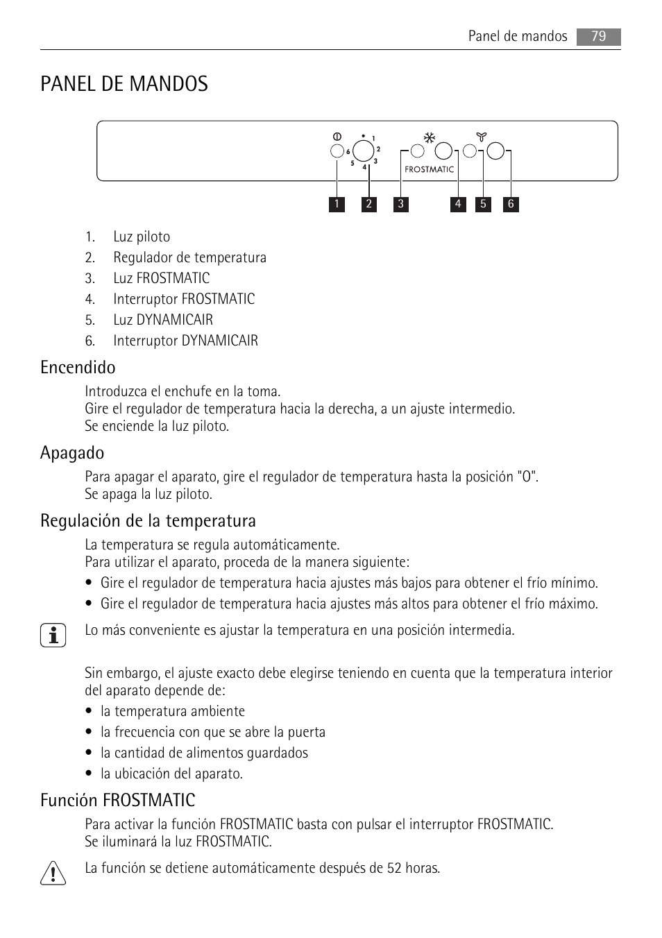 Panel de mandos, Encendido, Apagado | Regulación de la temperatura, Función frostmatic | AEG SCS81800F0 User Manual | Page 79 / 100