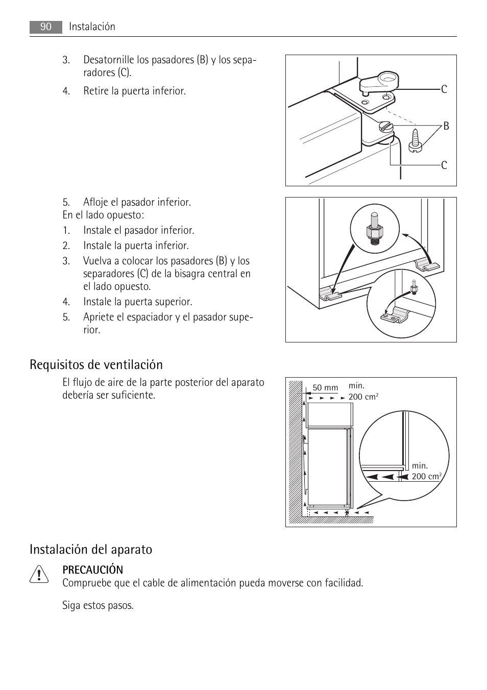 Requisitos de ventilación, Instalación del aparato | AEG SCS81800F0 User Manual | Page 90 / 100