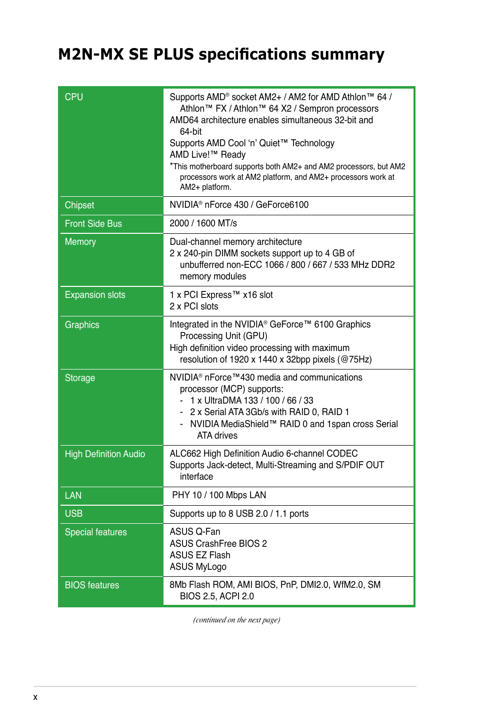 M2n-mx se plus specifications summary | Asus M2N-MX SE PLUS User Manual | Page 10 / 90