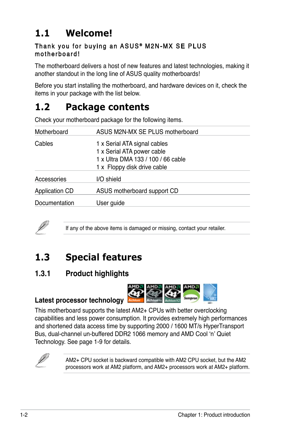 1 welcome, 2 package contents, 3 special features | 1 product highlights | Asus M2N-MX SE PLUS User Manual | Page 14 / 90