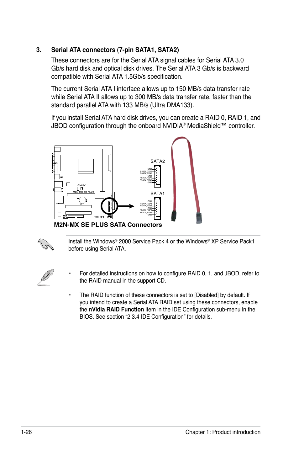 Mediashield™ controller, 26 chapter 1: product introduction, Install the windows | M2n-mx se plus sata connectors | Asus M2N-MX SE PLUS User Manual | Page 38 / 90