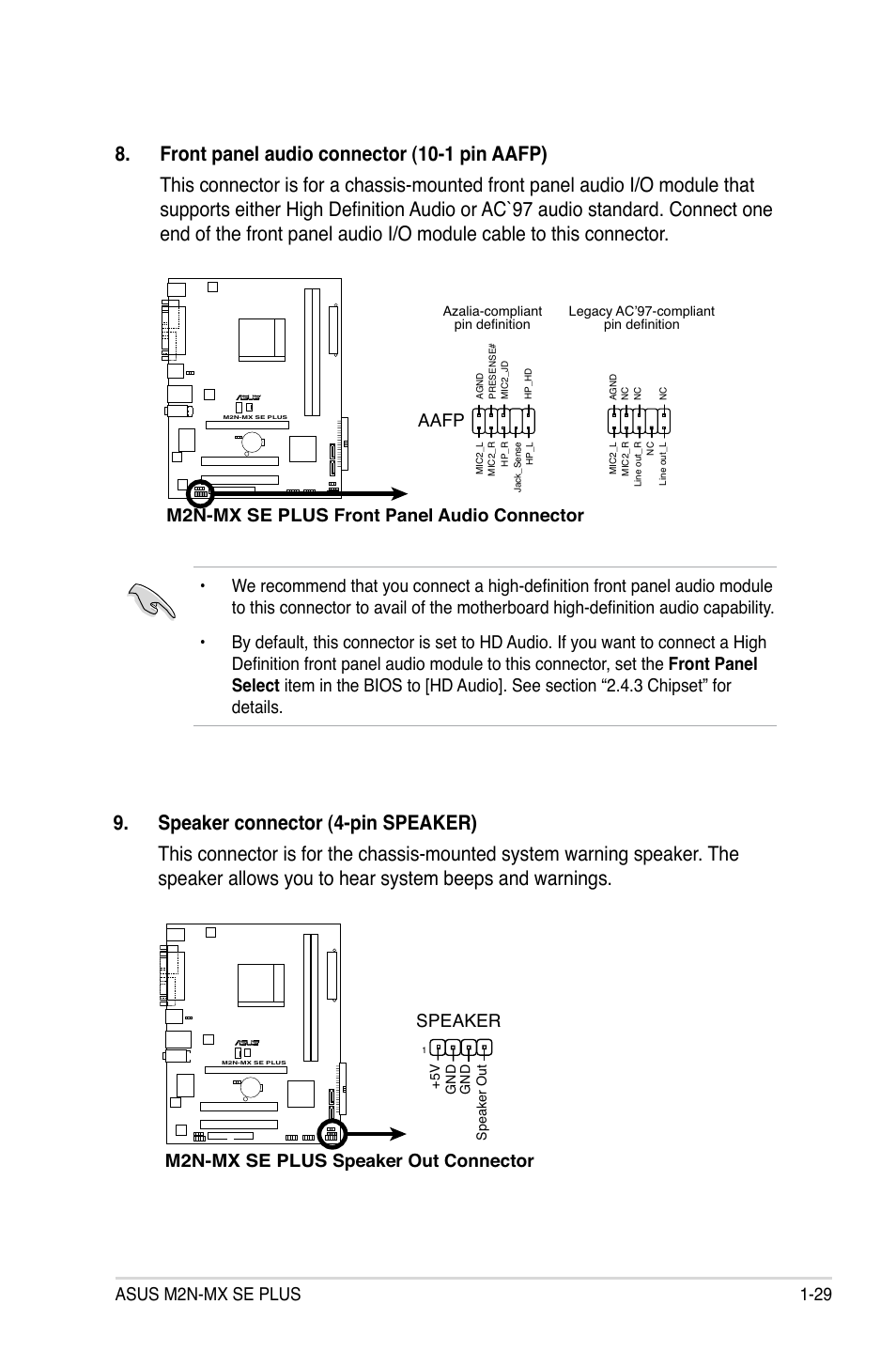 Asus m2n-mx se plus 1-29, M2n-mx se plus front panel audio connector, Aafp | M2n-mx se plus speaker out connector speaker | Asus M2N-MX SE PLUS User Manual | Page 41 / 90