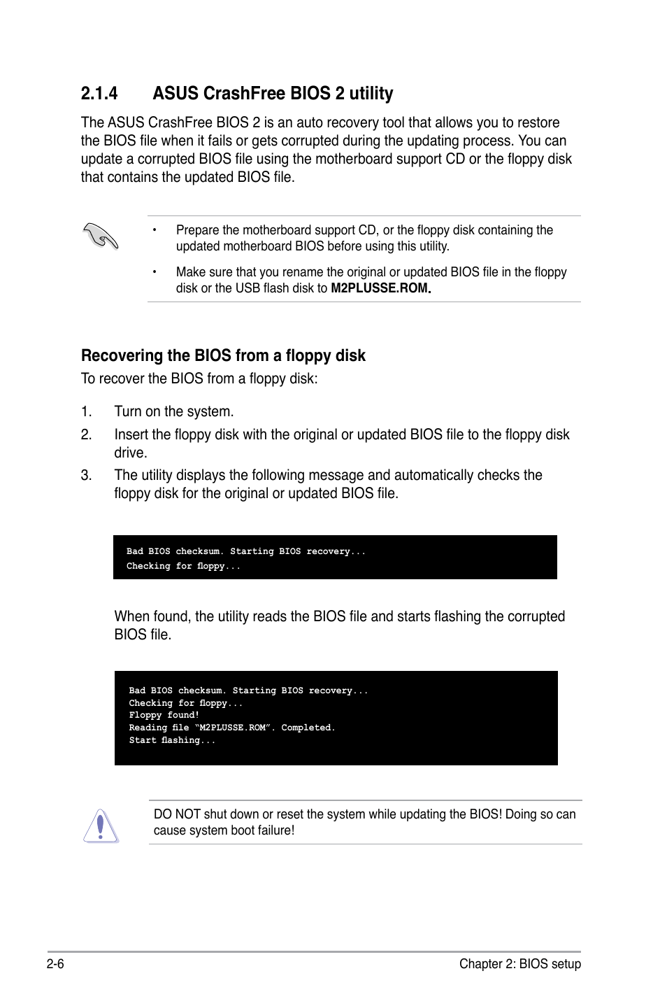 4 asus crashfree bios 2 utility, Recovering the bios from a floppy disk | Asus M2N-MX SE PLUS User Manual | Page 50 / 90