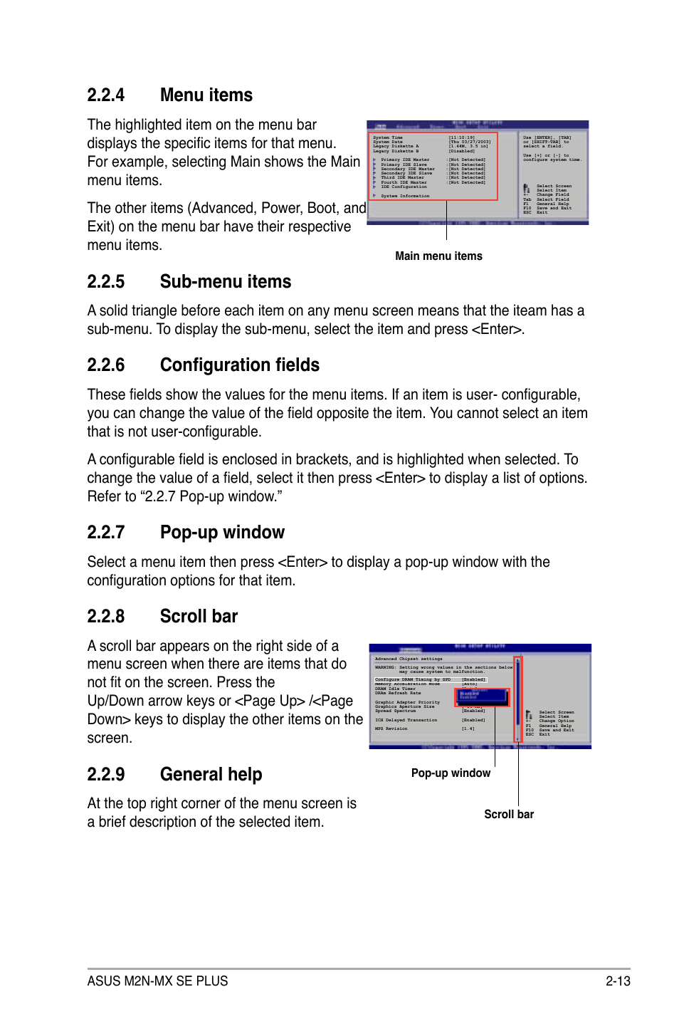 4 menu items, 5 sub-menu items, 6 configuration fields | 7 pop-up window, 8 scroll bar, 9 general help, Asus m2n-mx se plus 2-13 | Asus M2N-MX SE PLUS User Manual | Page 57 / 90