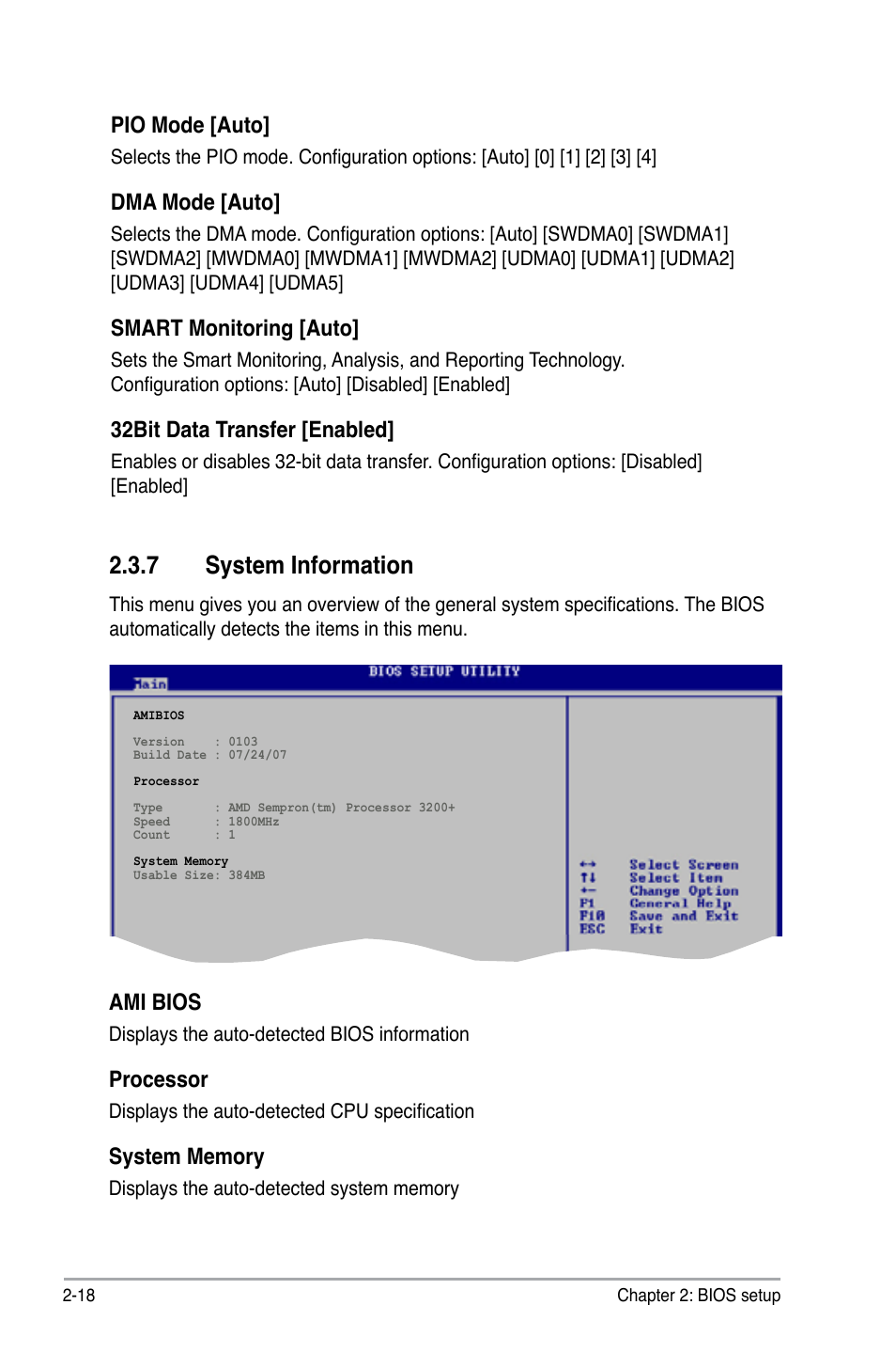 7 system information, Pio mode [auto, Dma mode [auto | Smart monitoring [auto, 32bit data transfer [enabled, Ami bios, Processor | Asus M2N-MX SE PLUS User Manual | Page 62 / 90