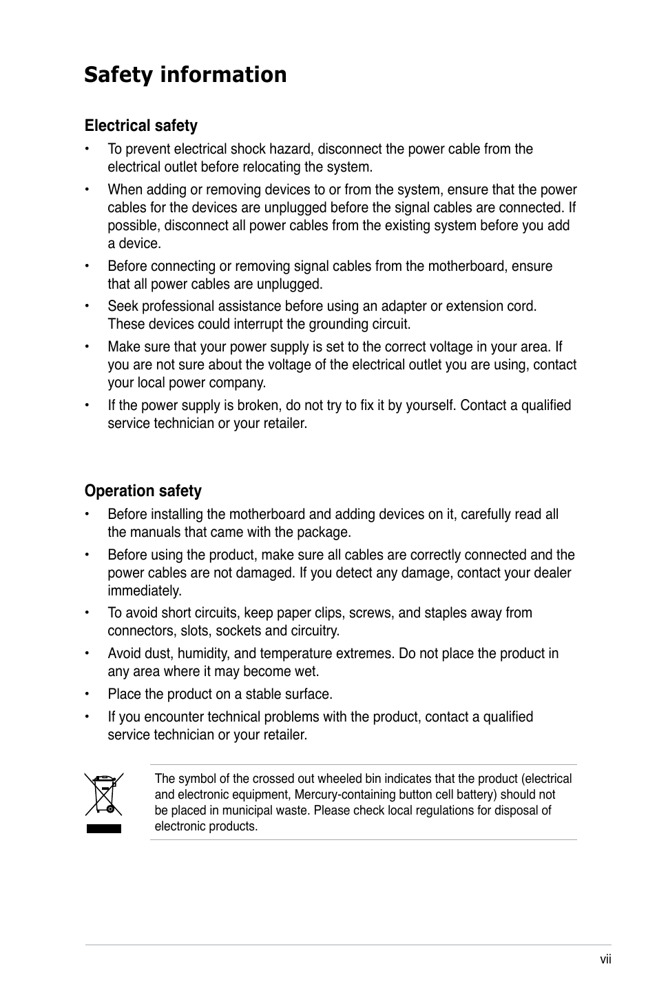 Safety information | Asus M2N-MX SE PLUS User Manual | Page 7 / 90