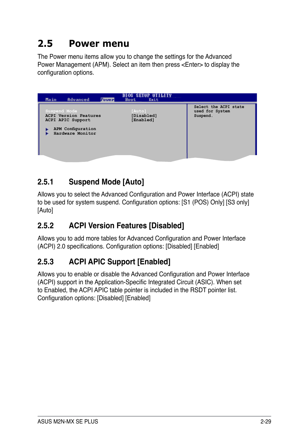 5 power menu, 1 suspend mode [auto, 2 acpi version features [disabled | 3 acpi apic support [enabled | Asus M2N-MX SE PLUS User Manual | Page 73 / 90