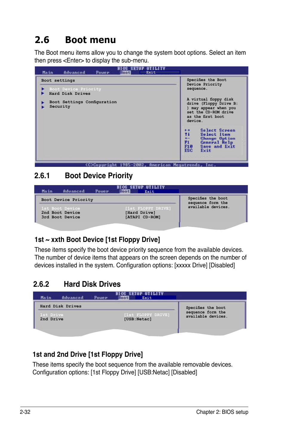 6 boot menu, 1 boot device priority, 2 hard disk drives | 1st ~ xxth boot device [1st floppy drive, 1st and 2nd drive [1st floppy drive | Asus M2N-MX SE PLUS User Manual | Page 76 / 90