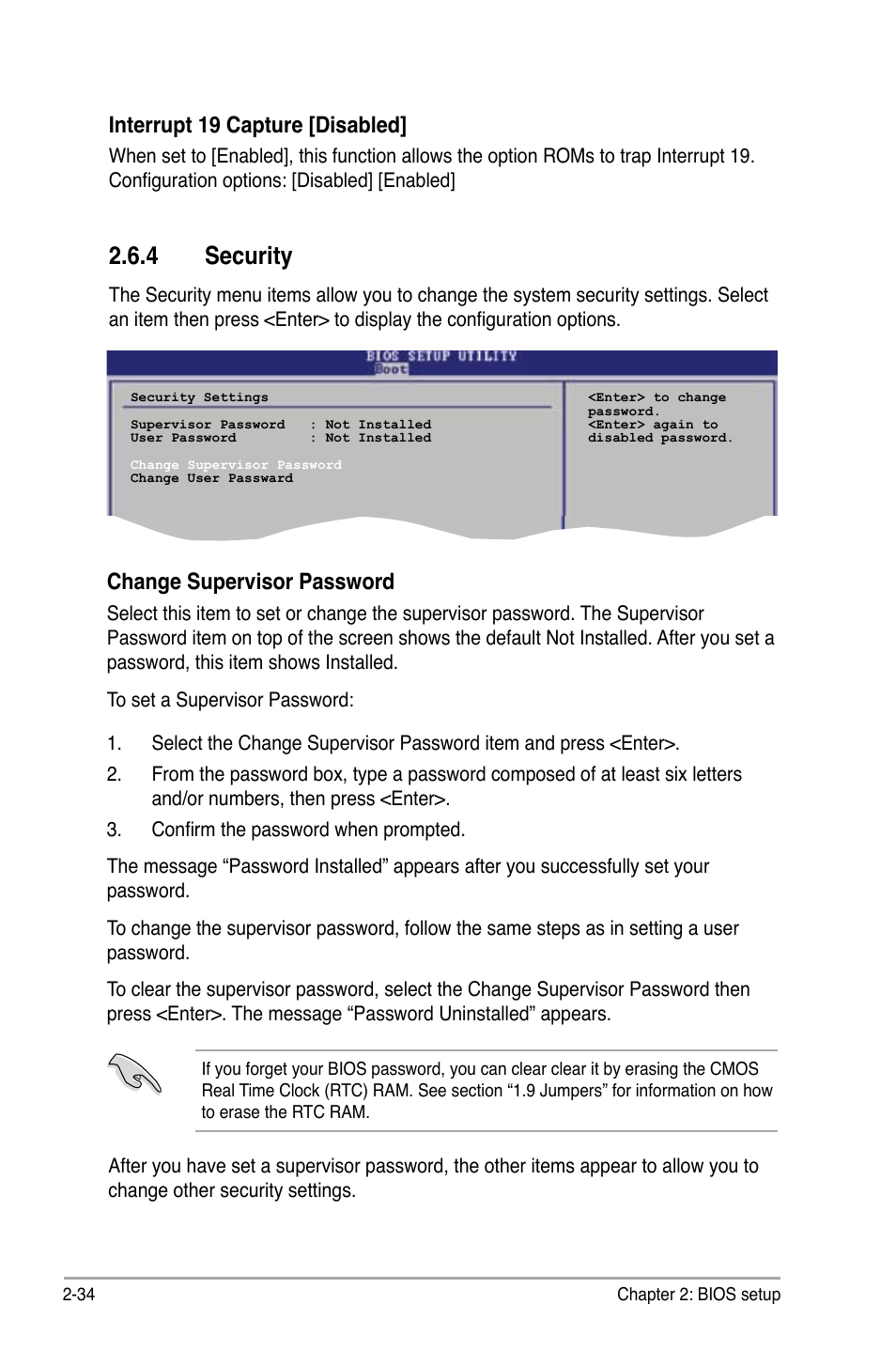 4 security, Interrupt 19 capture [disabled, Change supervisor password | Asus M2N-MX SE PLUS User Manual | Page 78 / 90