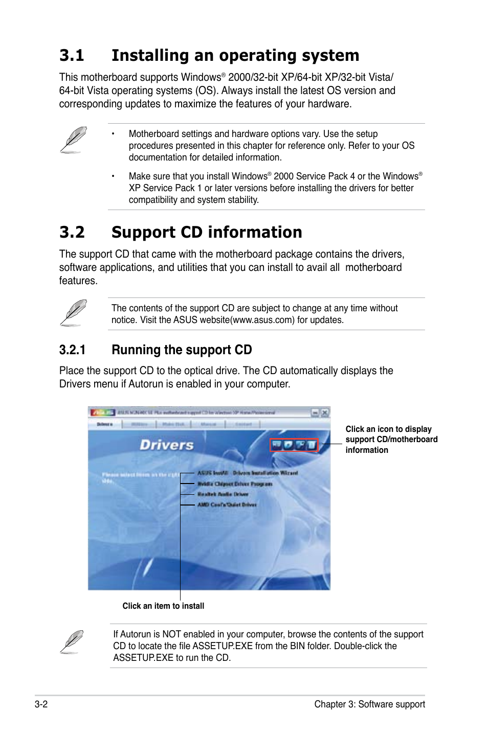 1 installing an operating system, 2 support cd information, 1 running the support cd | Asus M2N-MX SE PLUS User Manual | Page 82 / 90