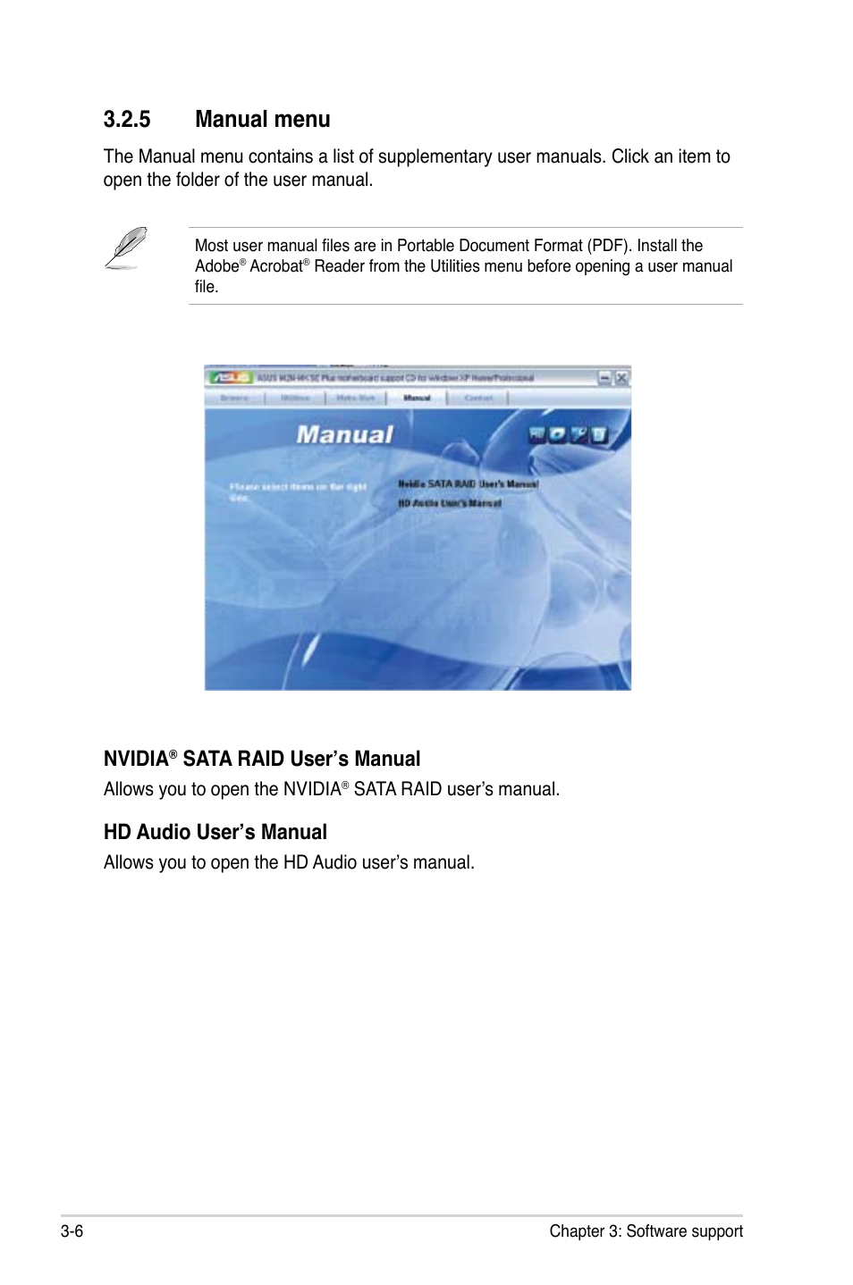 5 manual menu, Nvidia, Sata raid user’s manual | Hd audio user’s manual | Asus M2N-MX SE PLUS User Manual | Page 86 / 90