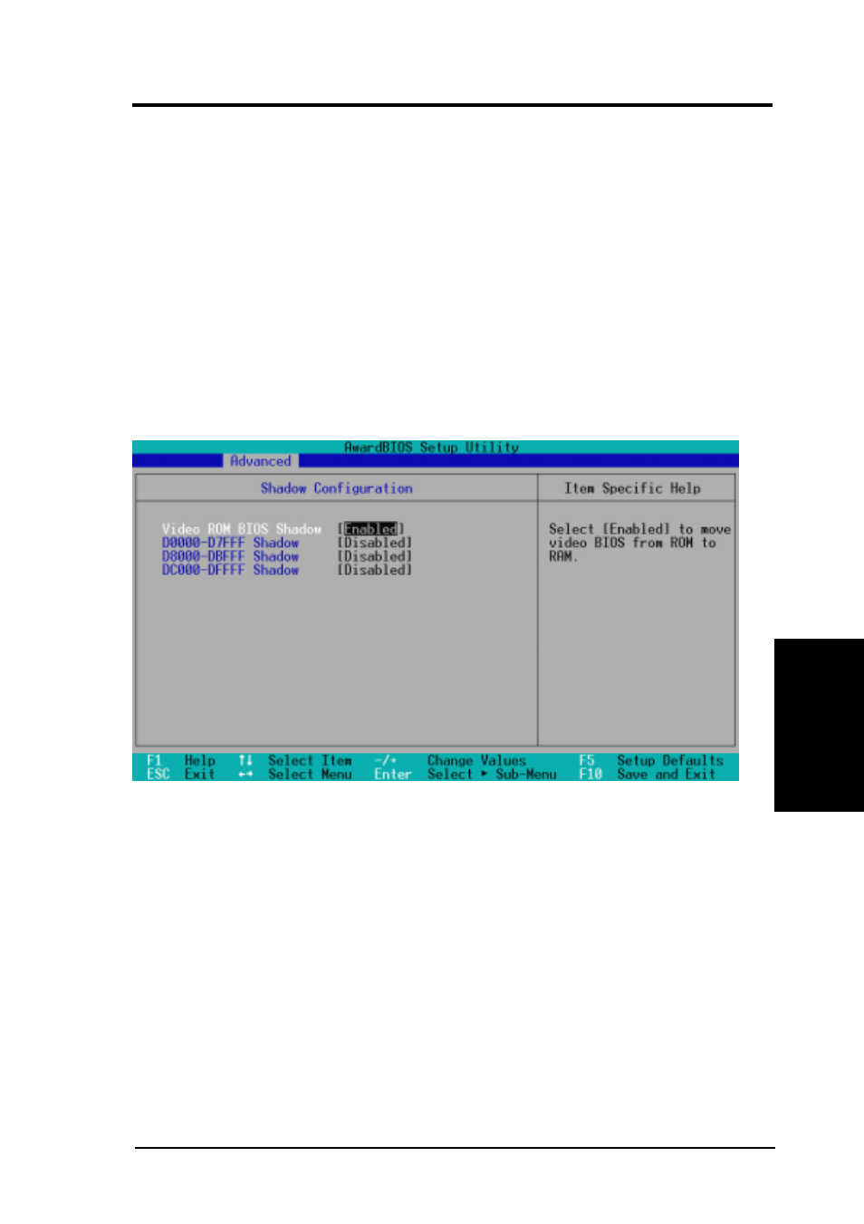 Bios setup, 4 shadow configuration | Asus INTEL 810 MICROATX MOTHERBOARD CUW-RM User Manual | Page 69 / 128