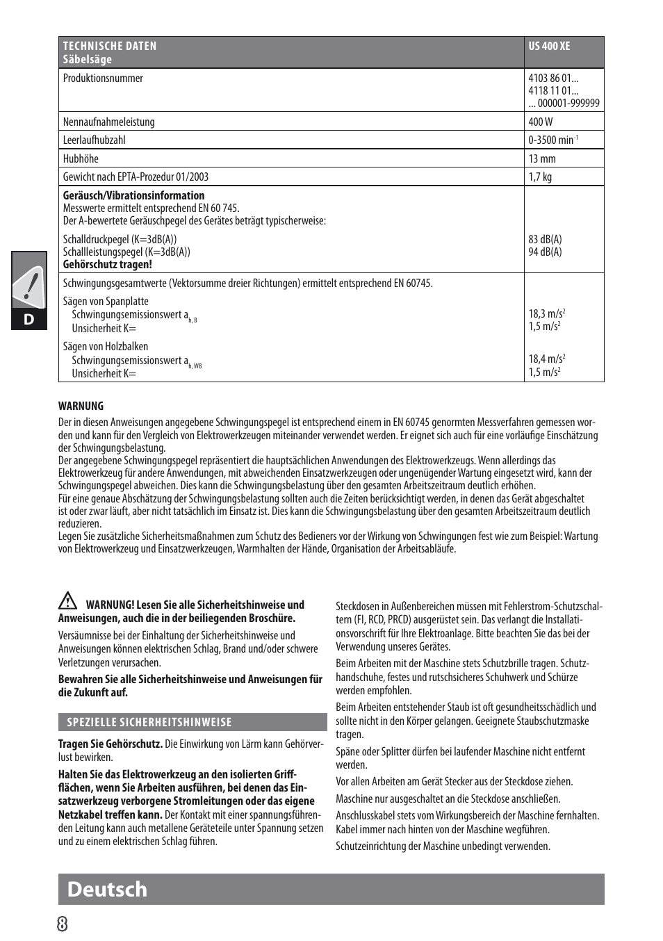 Deutsch | AEG US 400 XE User Manual | Page 10 / 62