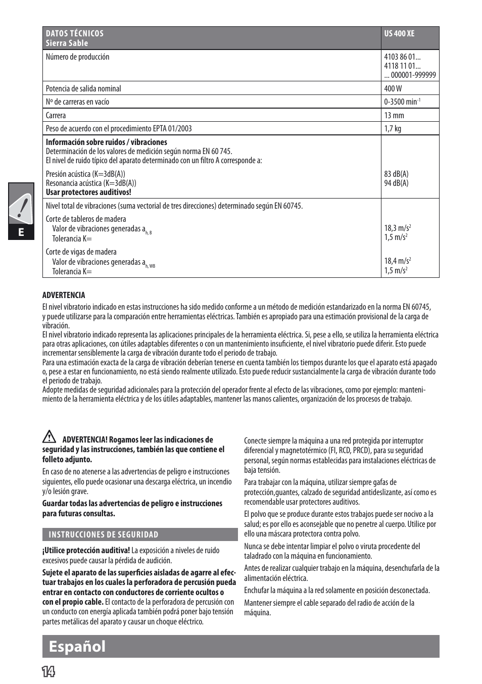 Español | AEG US 400 XE User Manual | Page 16 / 62