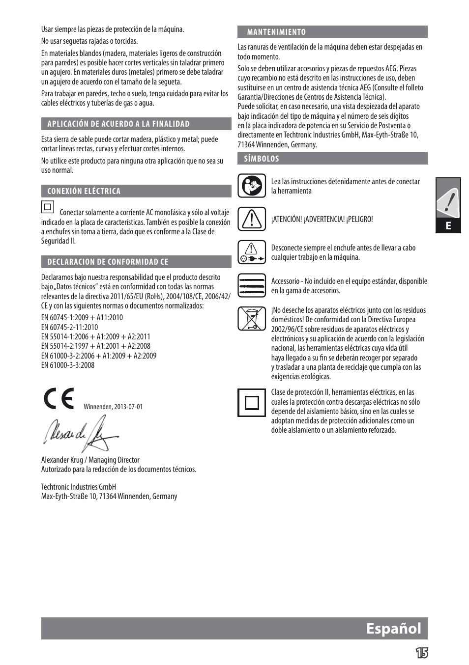 Español | AEG US 400 XE User Manual | Page 17 / 62