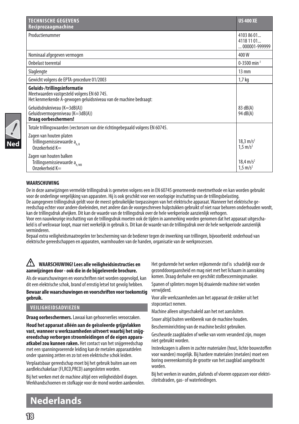 Nederlands | AEG US 400 XE User Manual | Page 20 / 62