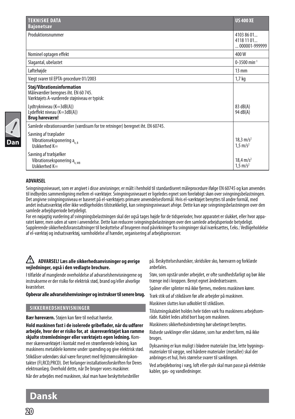 Dansk | AEG US 400 XE User Manual | Page 22 / 62