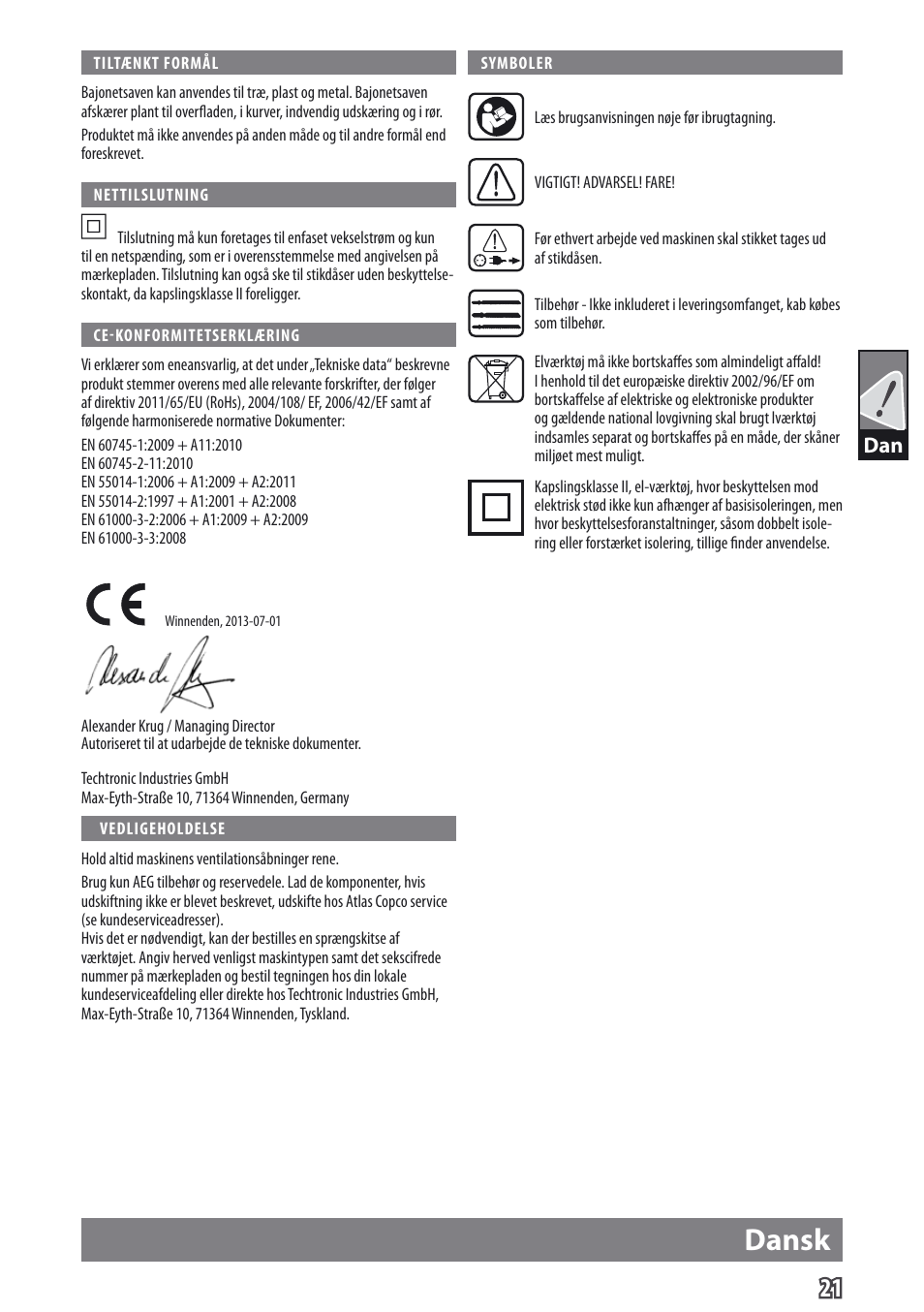 Dansk | AEG US 400 XE User Manual | Page 23 / 62
