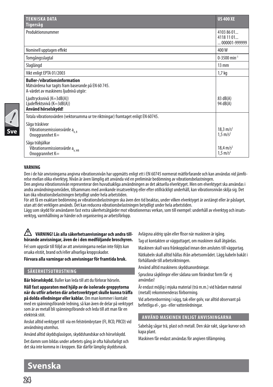 Svenska | AEG US 400 XE User Manual | Page 26 / 62
