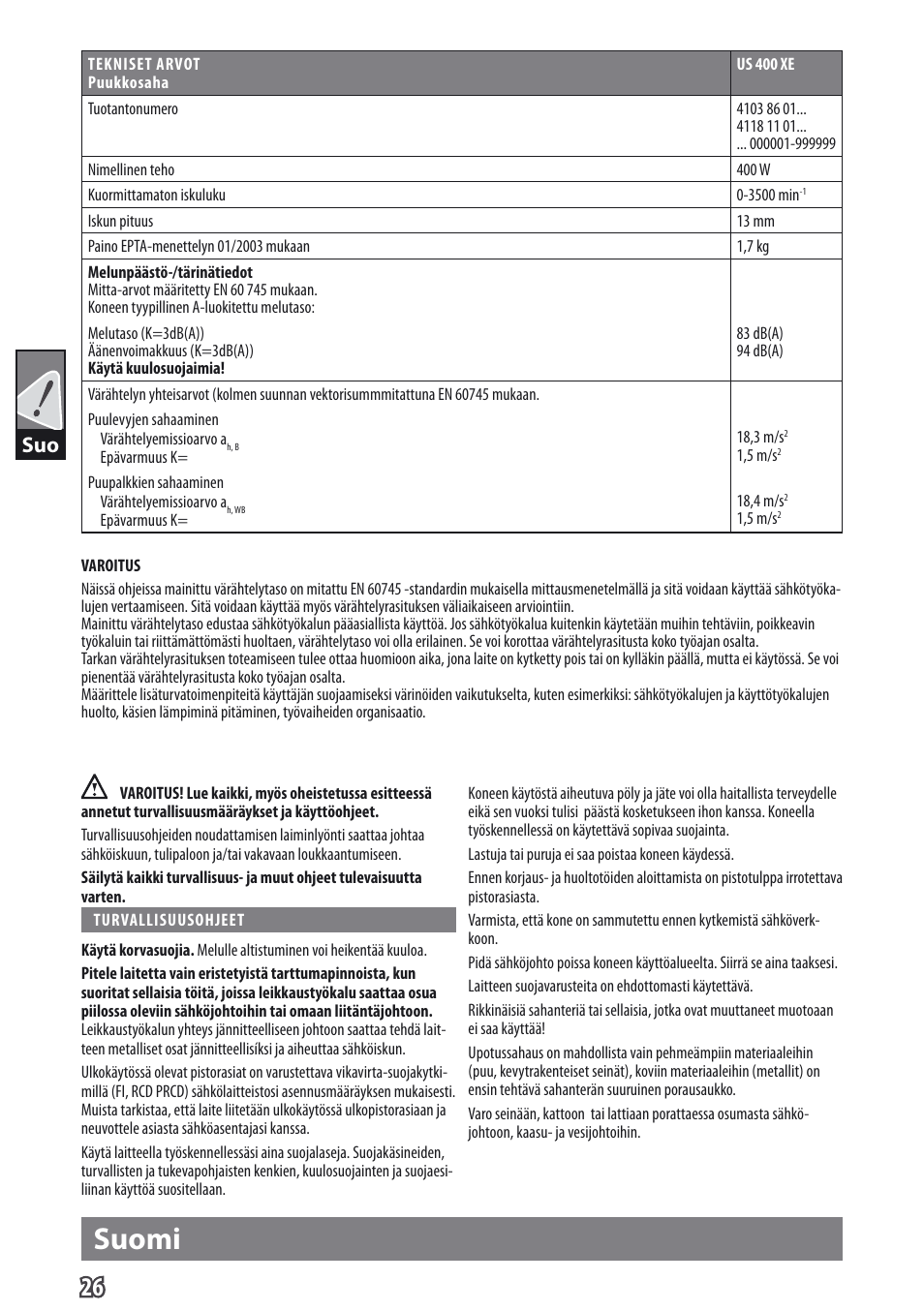 Suomi | AEG US 400 XE User Manual | Page 28 / 62