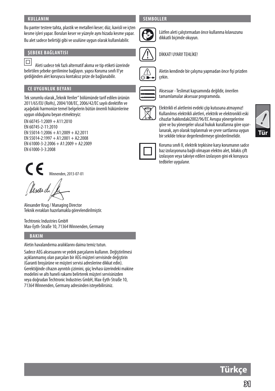 Türkçe | AEG US 400 XE User Manual | Page 33 / 62