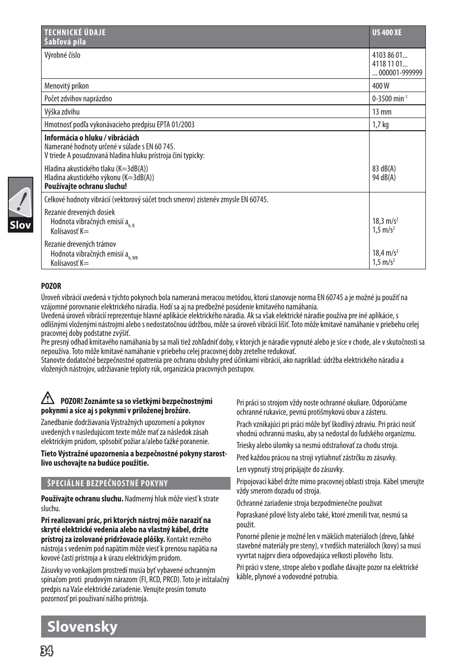 Slovensky, Slov | AEG US 400 XE User Manual | Page 36 / 62