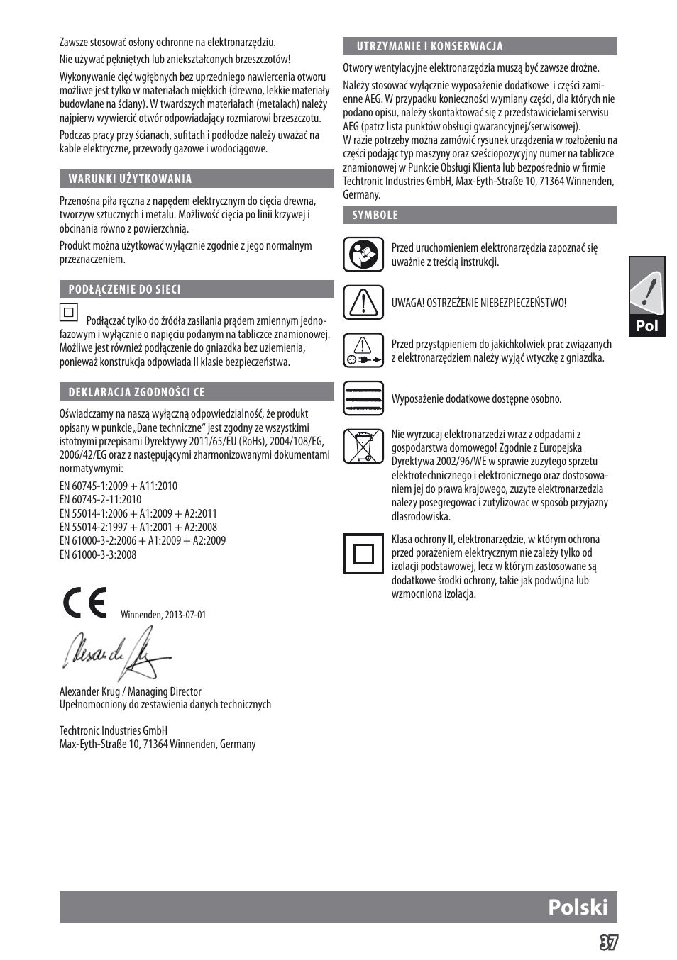 Polski | AEG US 400 XE User Manual | Page 39 / 62